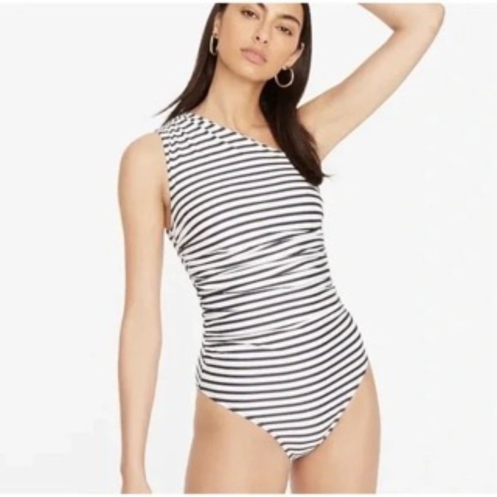 Long-torso ruched one-shoulder one-piece in Classic Stripe size 4